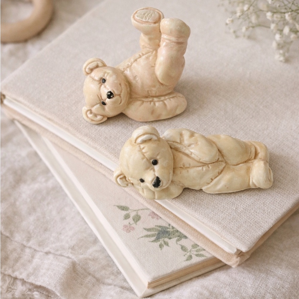 Vintage style teddy bear figurine set nursery decor baby keepsake duo